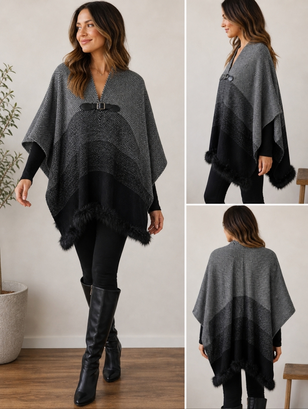 Max Edition Ombré Blanket Cape Wrap Poncho Faux Fur Black Grey Fall Winter OS